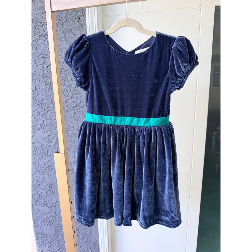 Sammy + Nat Girls Isabel Navy Blue Velvet Dress Green Bow Holiday Party Size 6